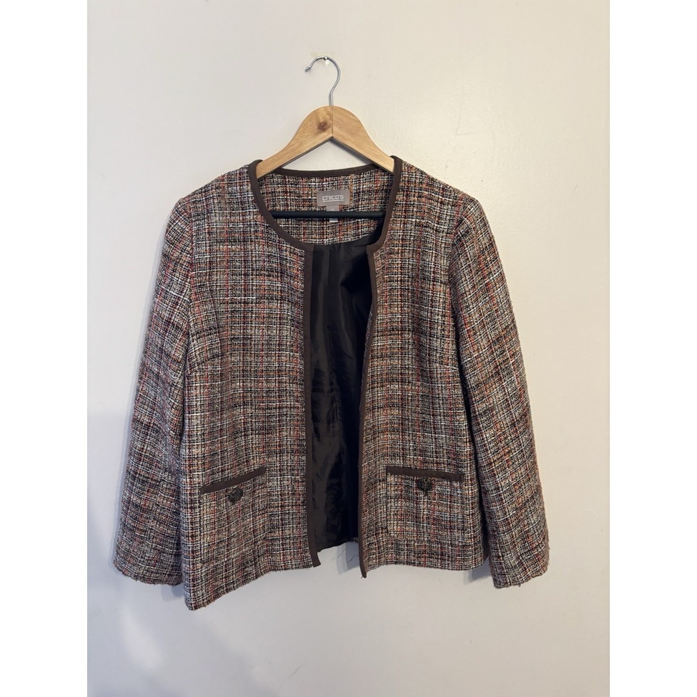 Chicos Women's Brown Tweed Blazer Hook & Eye Closure Pockets Lined Size 12 (2)